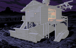 A screen from Full Throttle with the building in the foreground whited out to show its silhouette