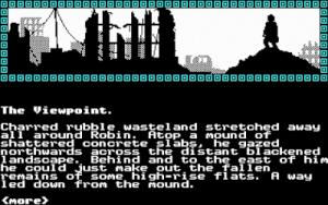 Screenshot from Mindfighter showing the silhouette of a ruined city