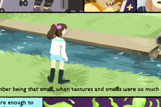Cartoon strip cell showing a child at a riverside, with text "I remember when I was that small, when textures and smells were so much stronger"
